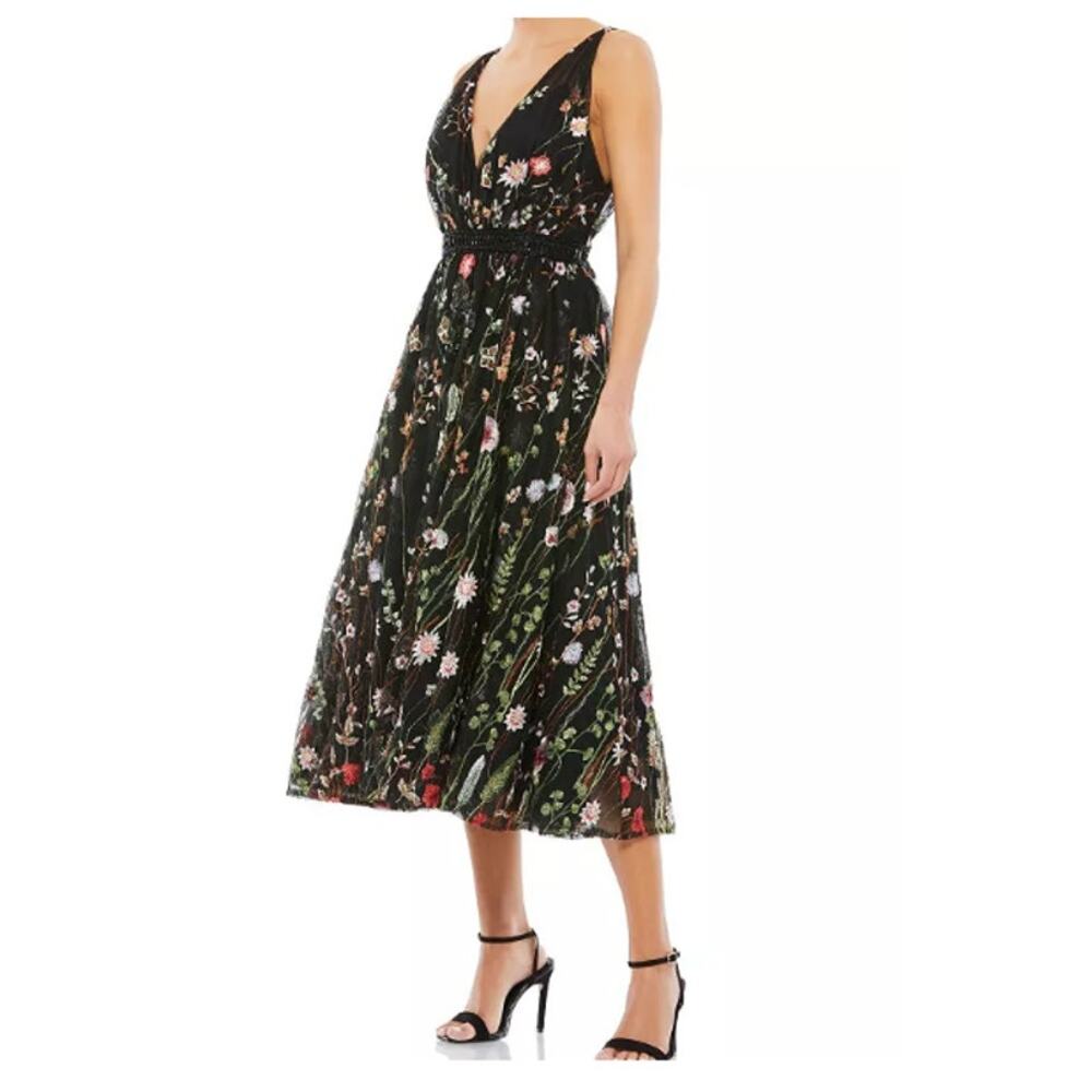 Ieena for Mac Duggal Women's Black V-Neck Floral Midi Dress Size 4